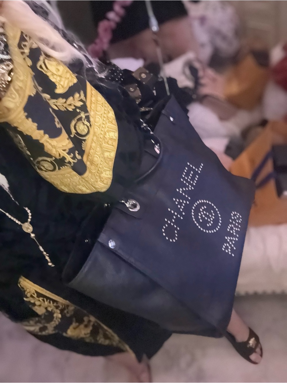 The whole black and silver set authentic Chanel boots, shopping tote, and clutch - Picture 6 of 7